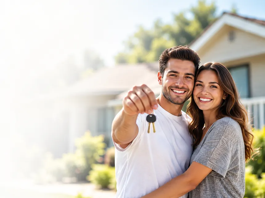 A couple outside their home holding the keys