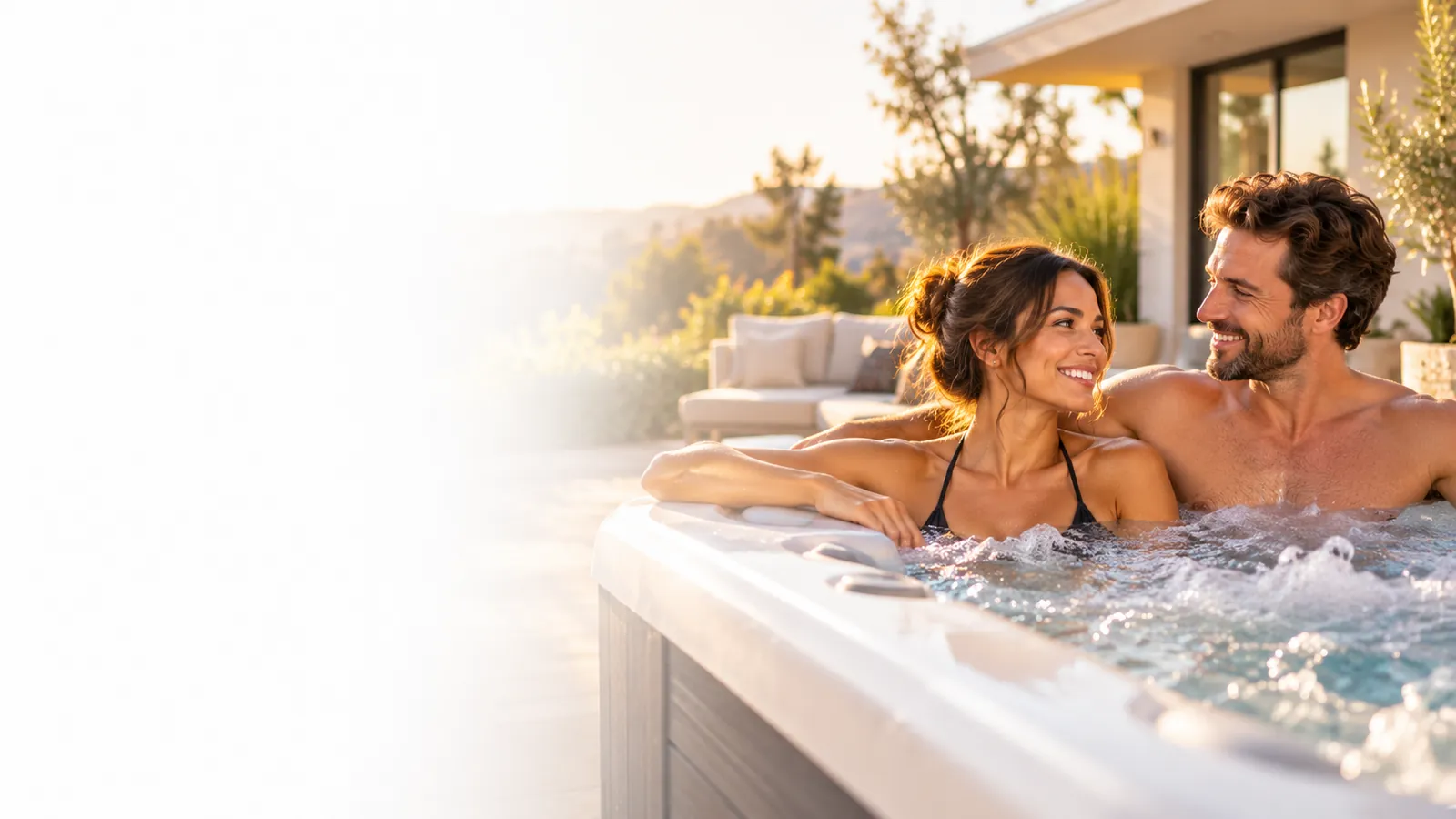 Couple relaxing in a hot tub at golden hour