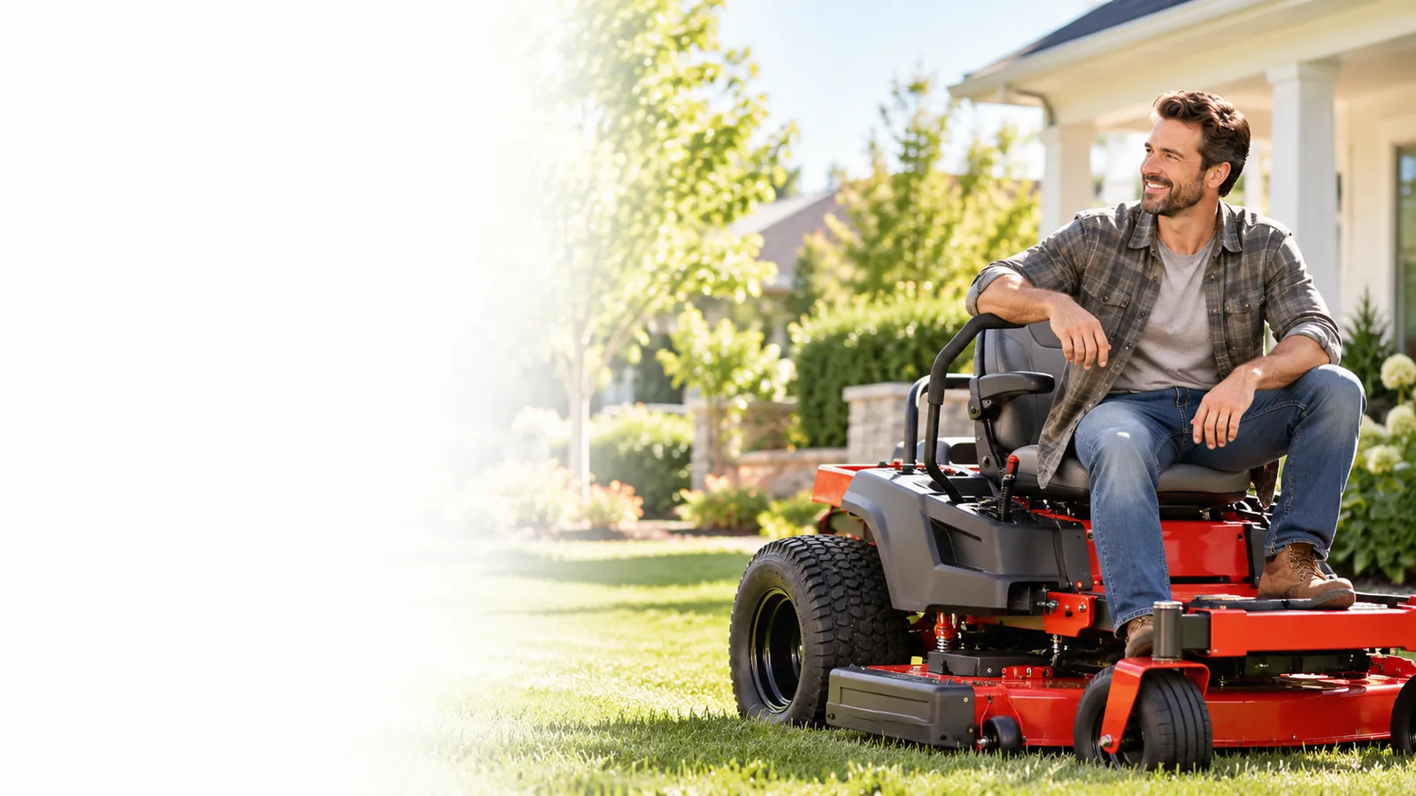 Man sitting on a riding mower in a landscaped yard