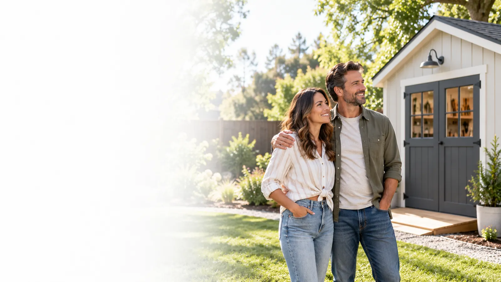 Couple standing beside a backyard shed in a landscaped garden