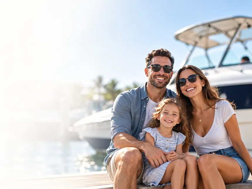 A family on a dock beside their boat